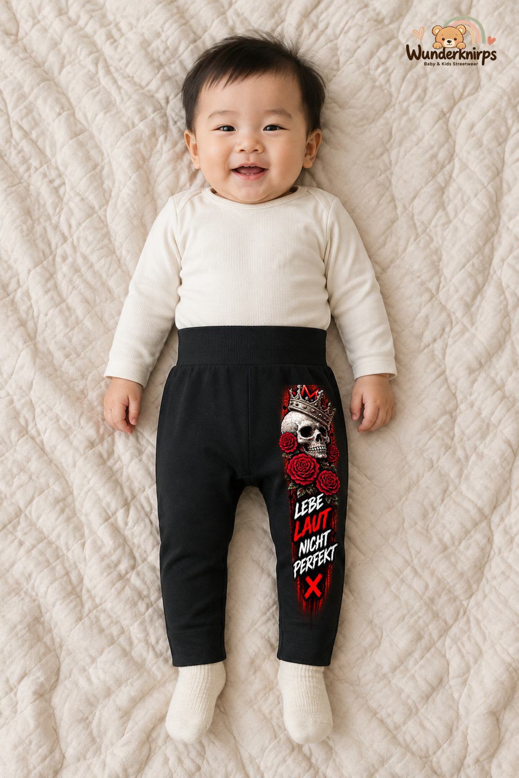 Lebe laut nicht perfekt – Babyhose mit dem Motiv Totenkopf – für Jungen: Schwarz mit Totenkopf-Druck am Hosenbein – Wunderknirps.