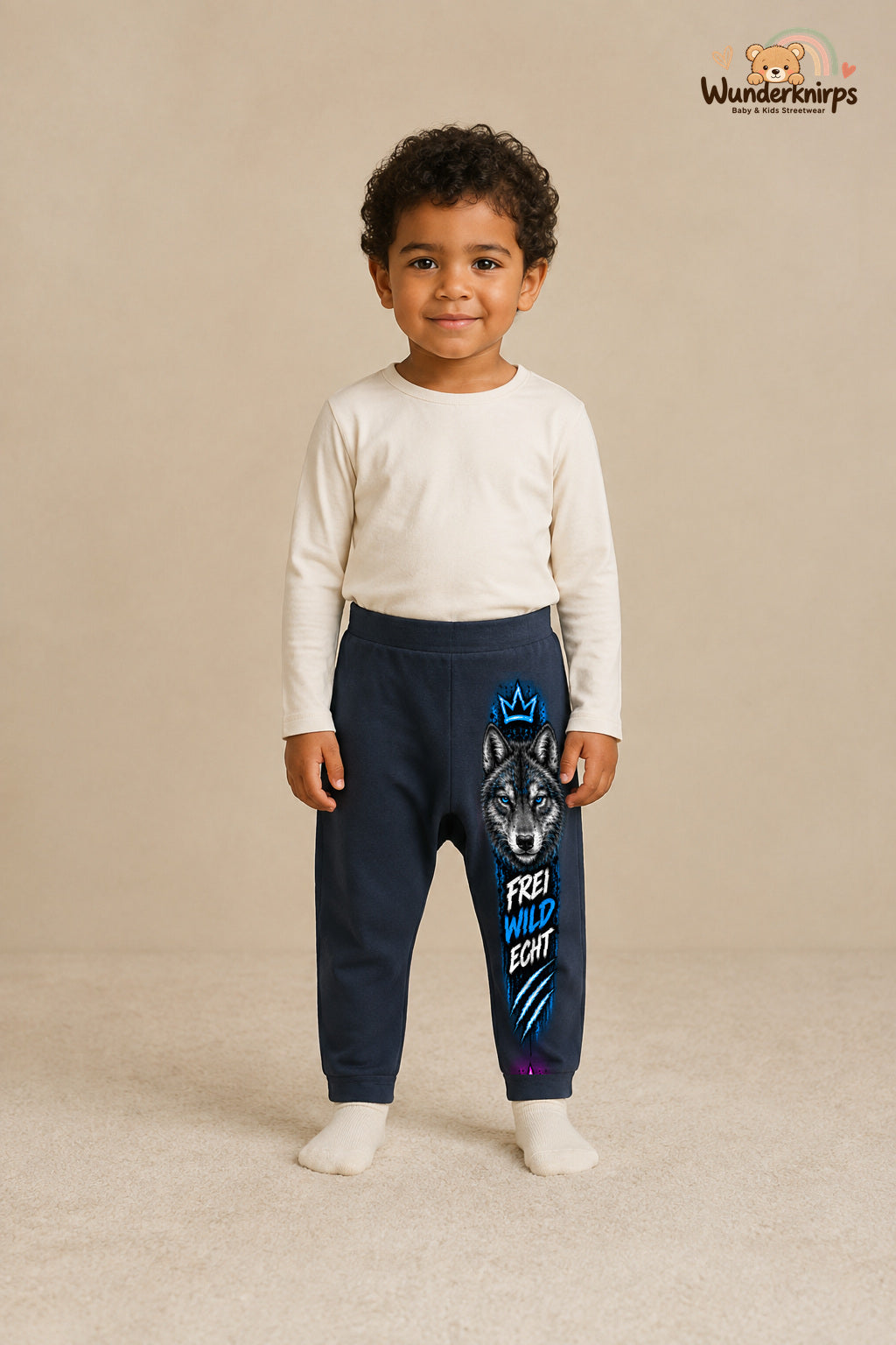 Wolf Streetstyle – Frei wild echt – Babyhose für Jungen: Navy mit Wolf-Druck am Hosenbein – Wunderknirps.