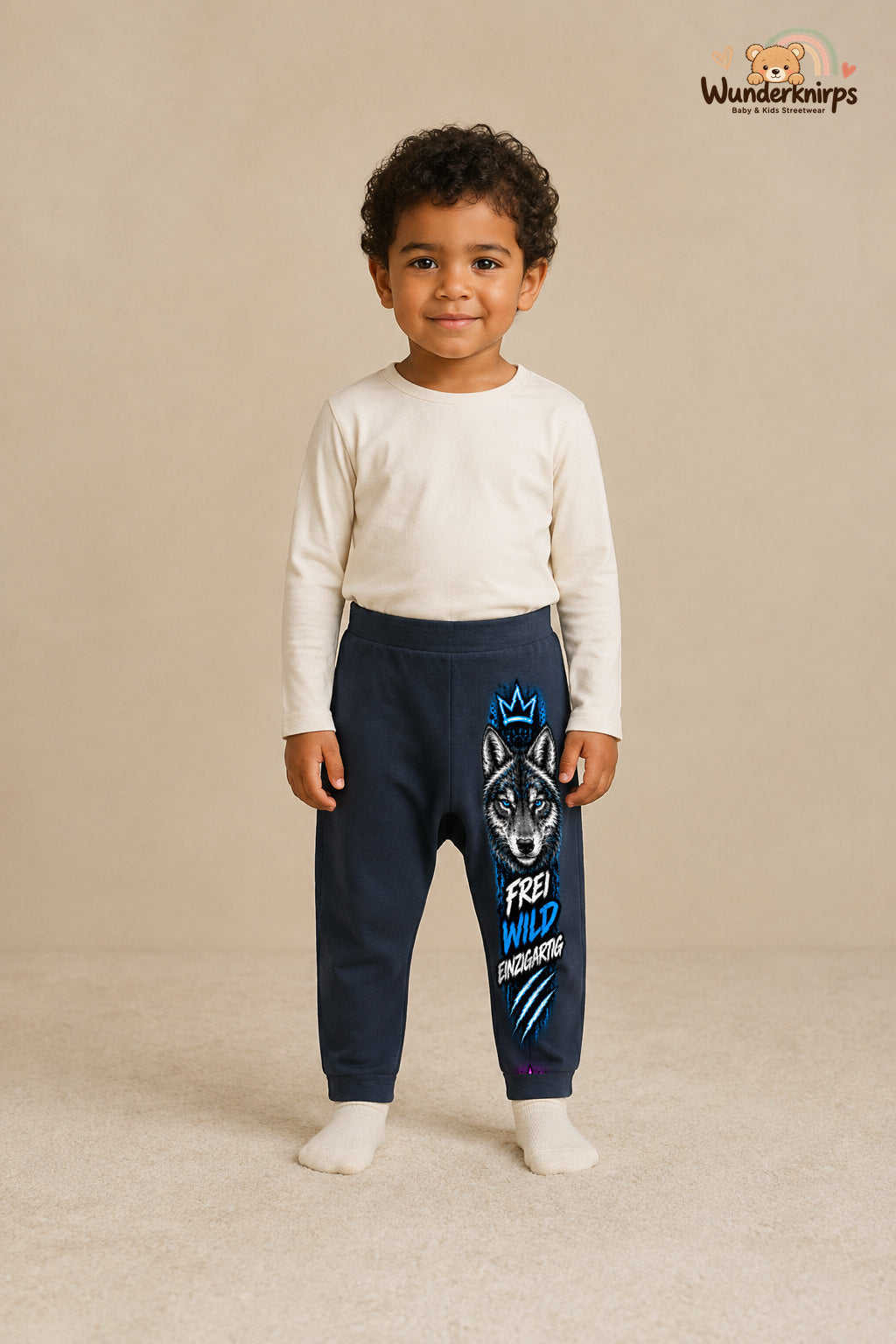 Wolf Alltagsheld – Frei wild einzigartig – Babyhose für Jungen: Navy mit Wolf-Druck am Hosenbein – Wunderknirps.