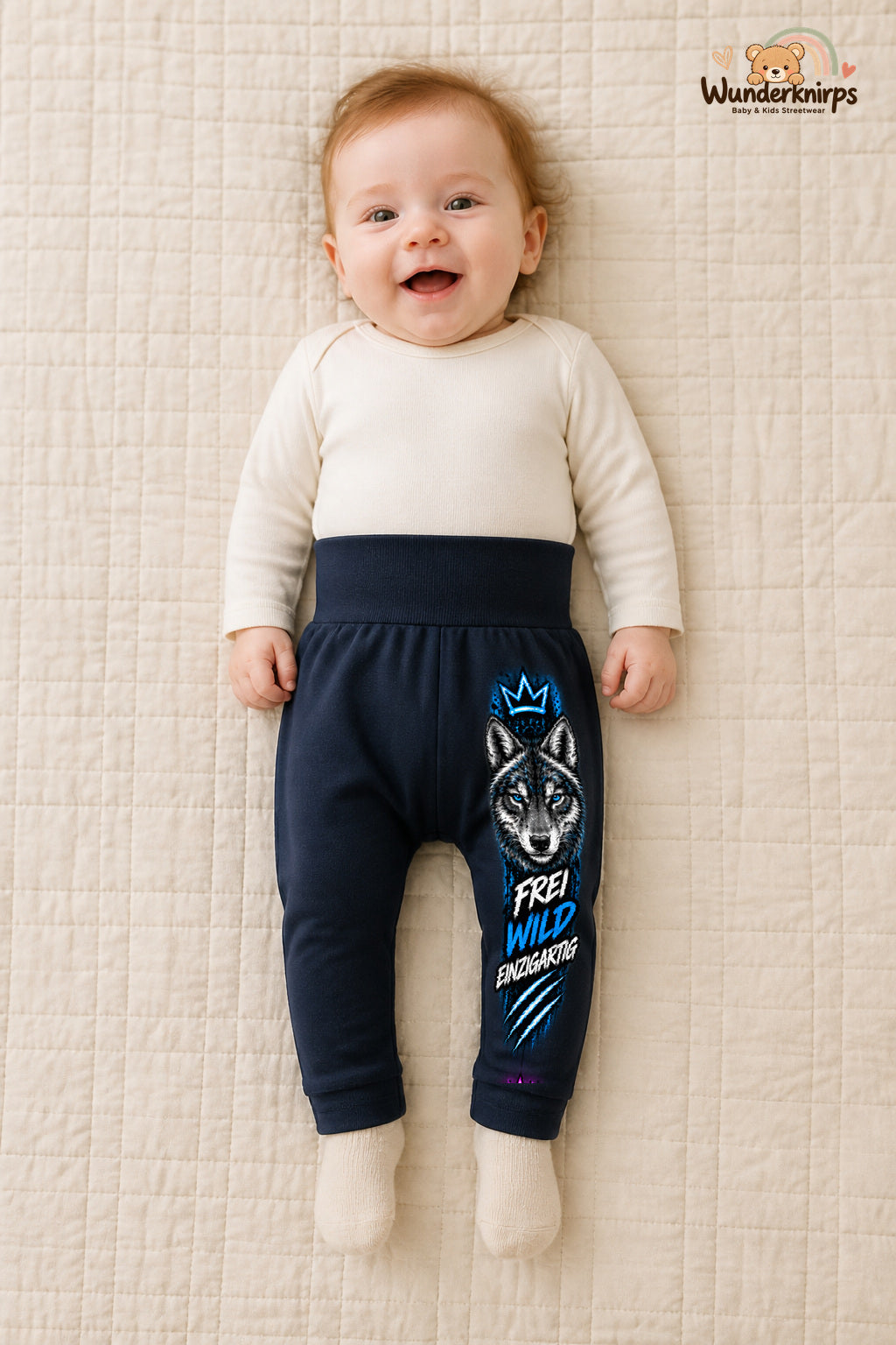 Wolf Traumlook – Frei wild einzigartig – Babyhose für Mädchen: Navy mit Wolf-Druck am Hosenbein – Wunderknirps.