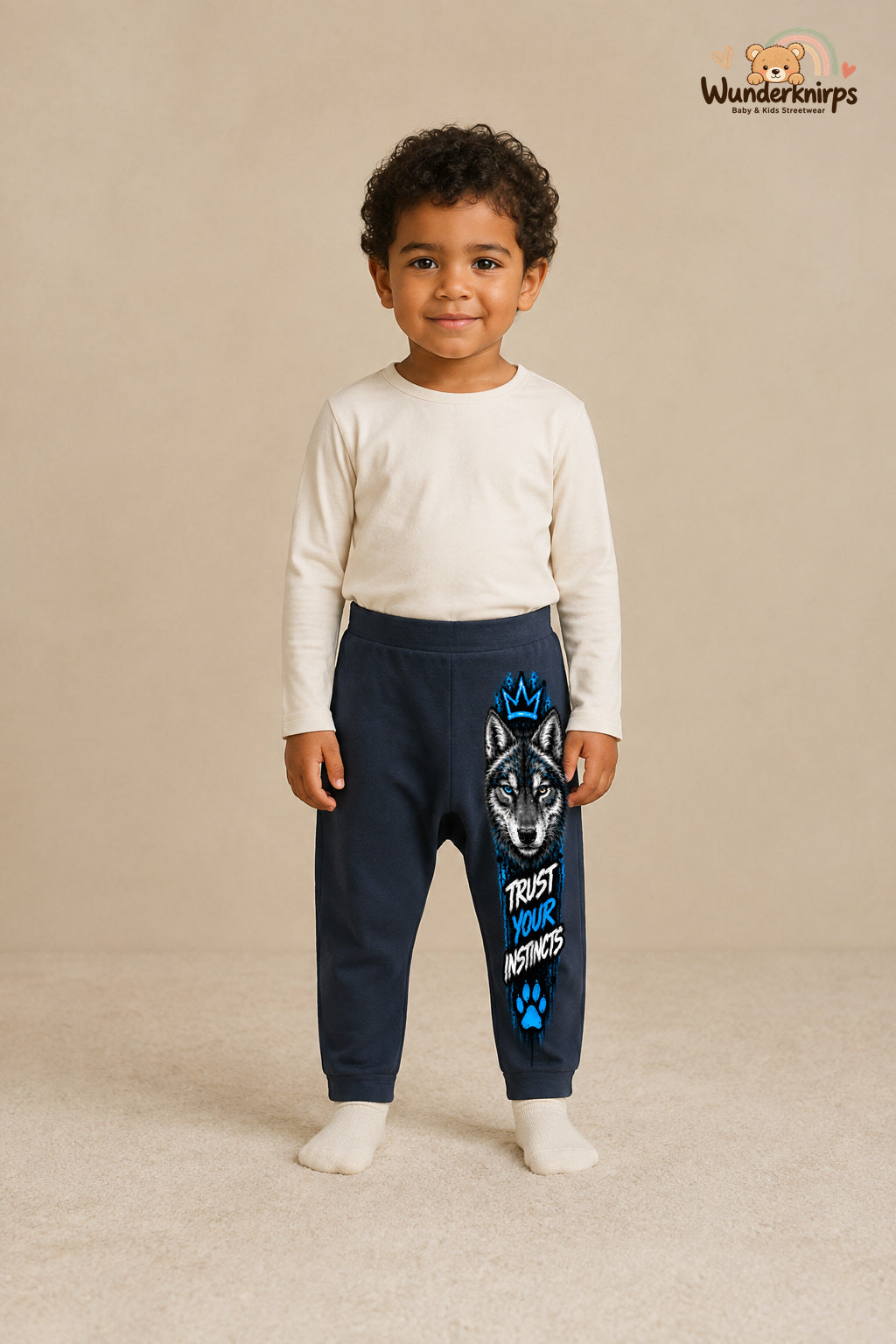 Trust your instincts: Wolf für kleine Entdecker – Babyhose für Jungen: Navy mit Wolf-Druck am Hosenbein – Wunderknirps.
