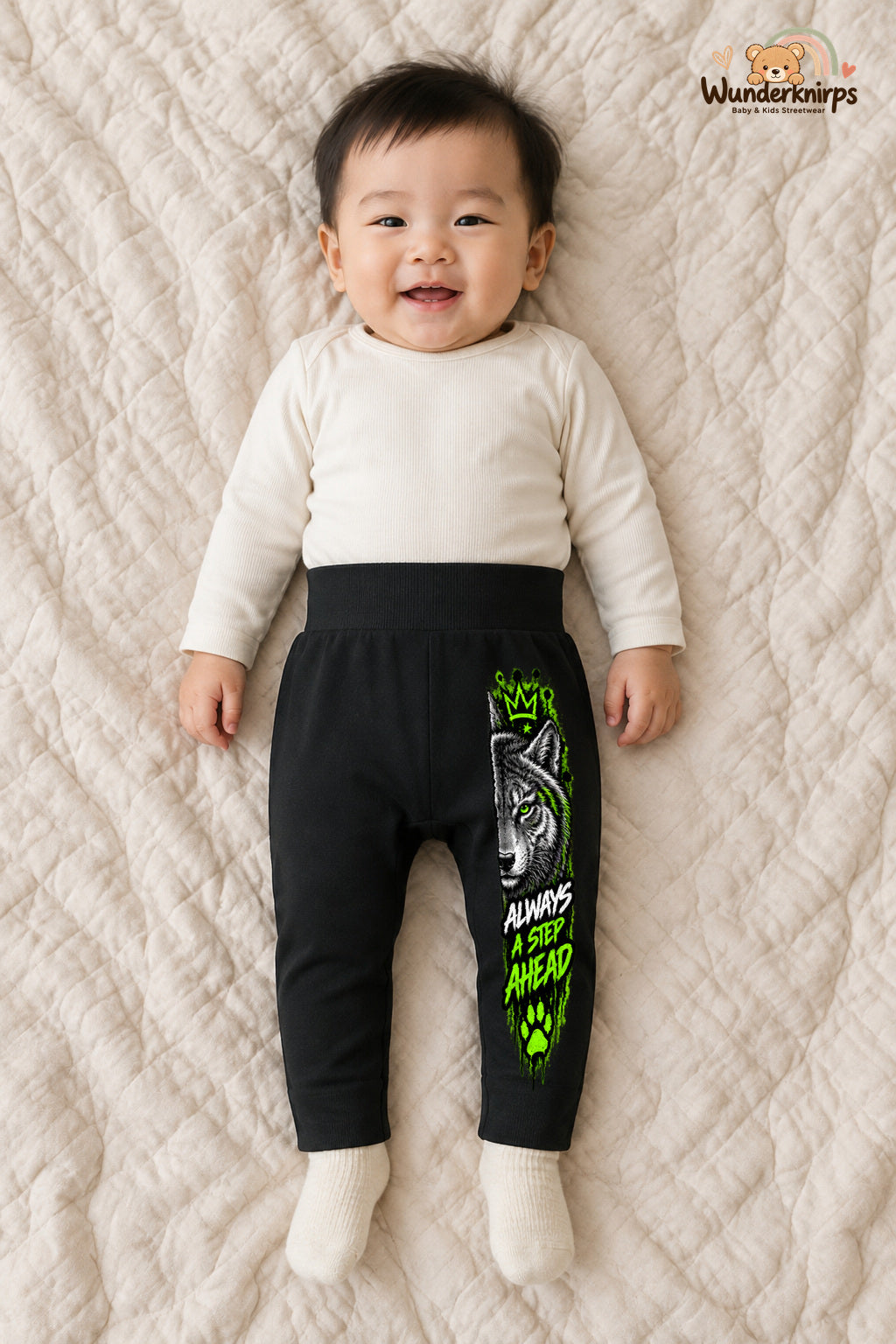 Always a step ahead: Wolf für kleine Entdecker – Babyhose für Jungen: Schwarz mit Wolf-Druck am Hosenbein – Wunderknirps.